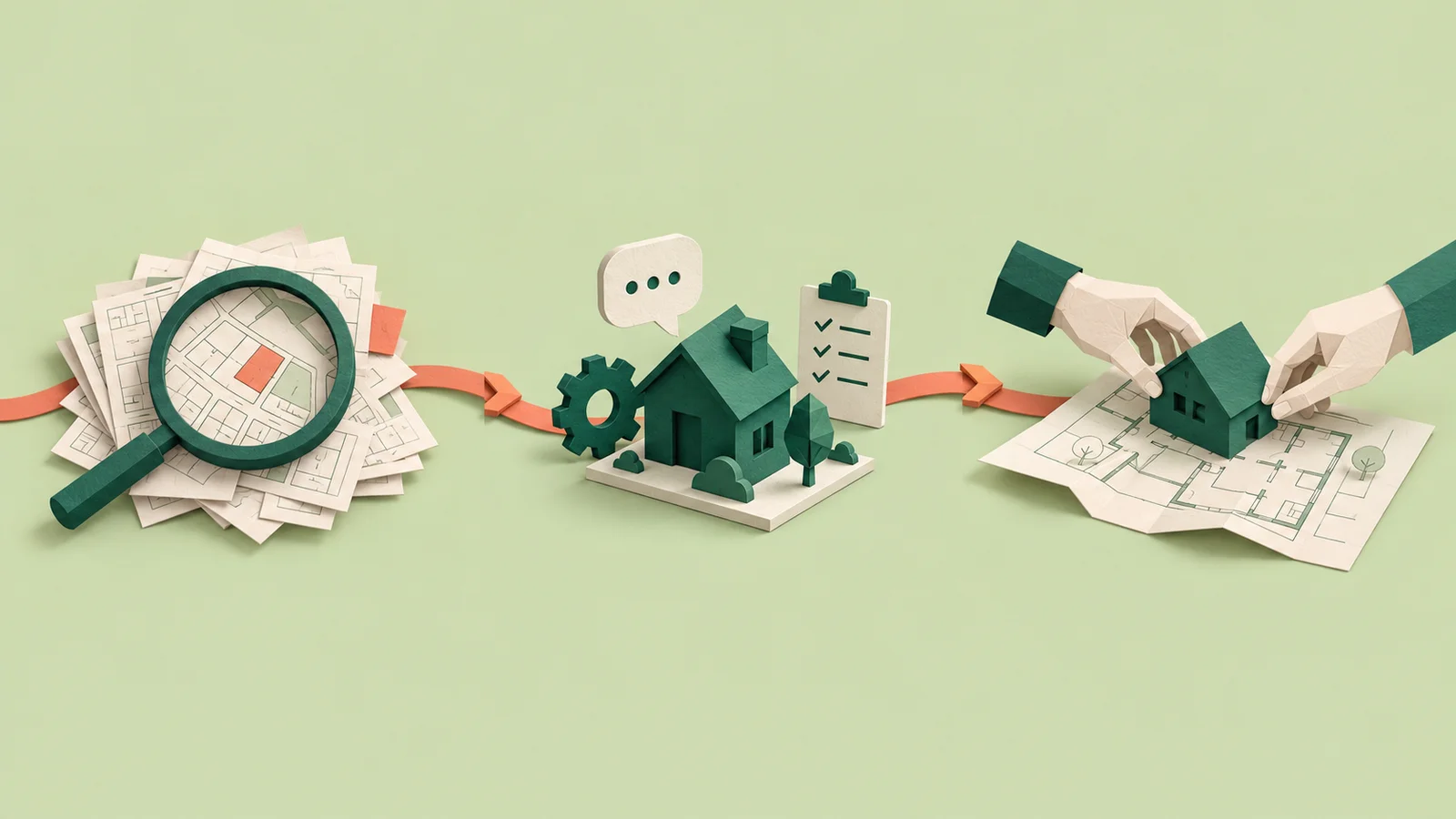Tres escenas de papel: examinar registros, elegir herramientas y construir un proyecto.