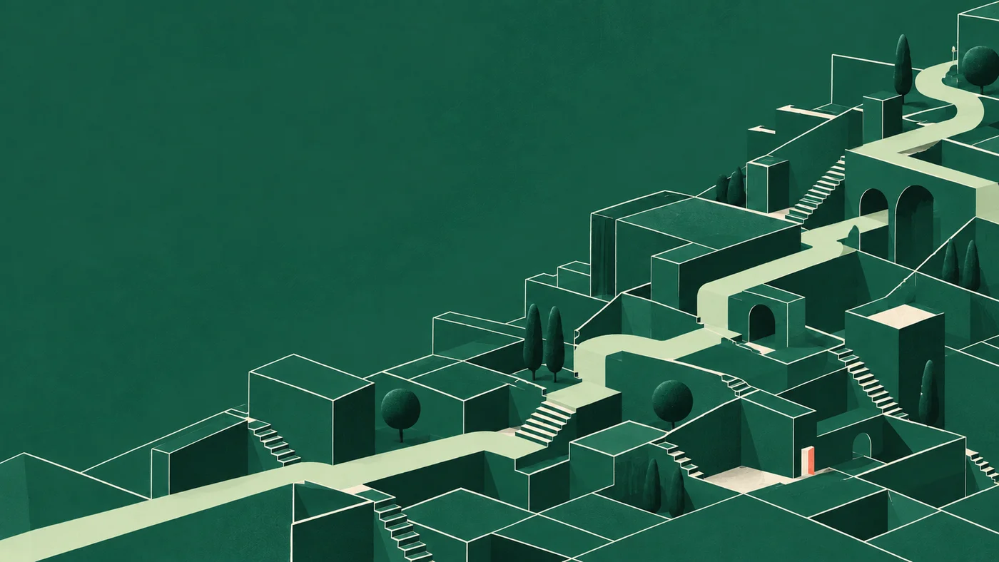 Ciudad de papel verde conectada por un camino continuo, ilustración de Vía.